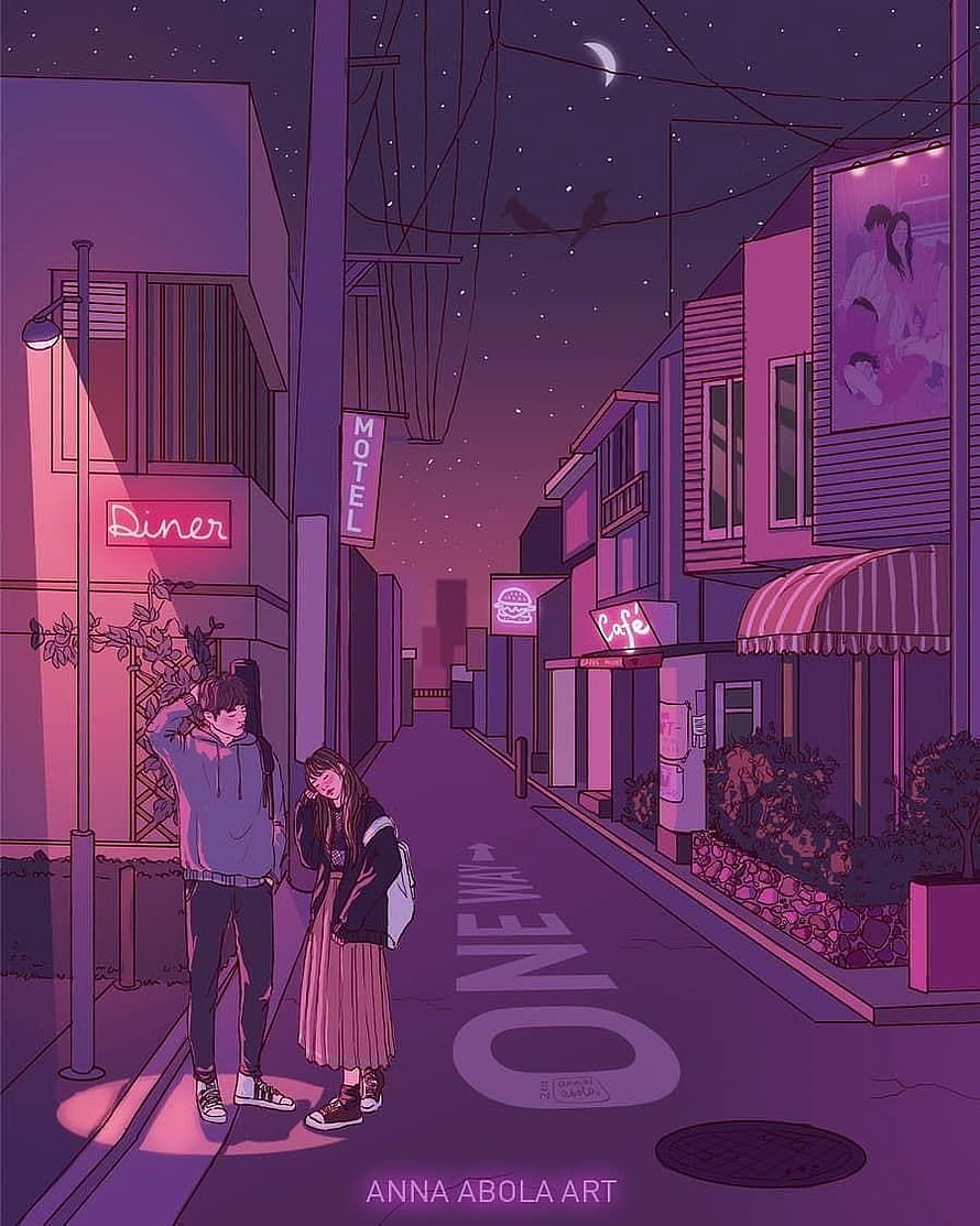 Lofi Anime Couple Walking Through Neon-Lit Night Street with Diner and Cafe Signs HD phone wallpaper