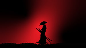 Silhouette of a Samurai Warrior with Katana Against a Crimson Sky HD wallpaper