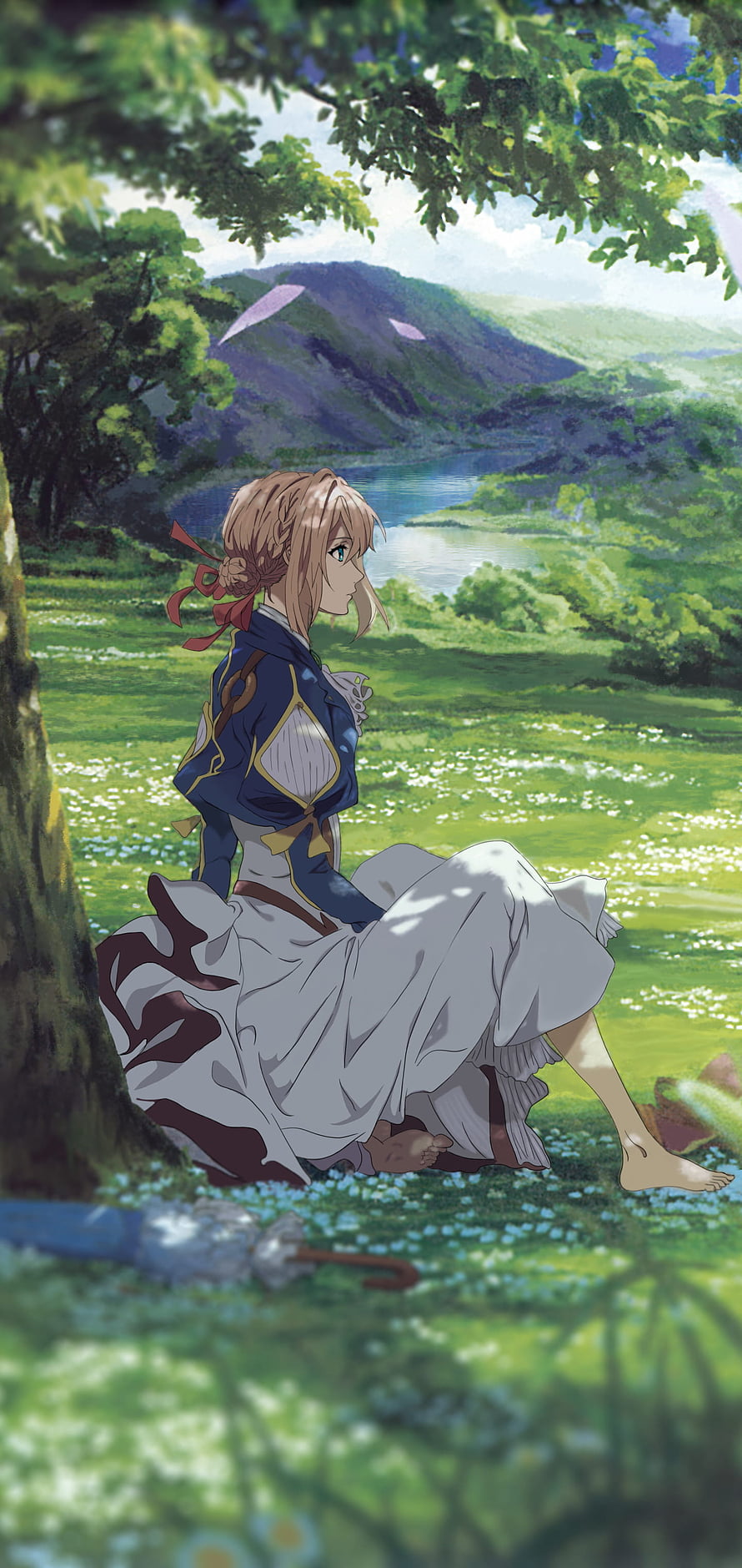 Violet Evergarden anime character sitting barefoot in a lush green meadow with a river and mountains in the background HD phone wallpaper