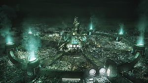 Aerial View of a Massive Futuristic Industrial City at Night with Glowing Green Lights HD wallpaper