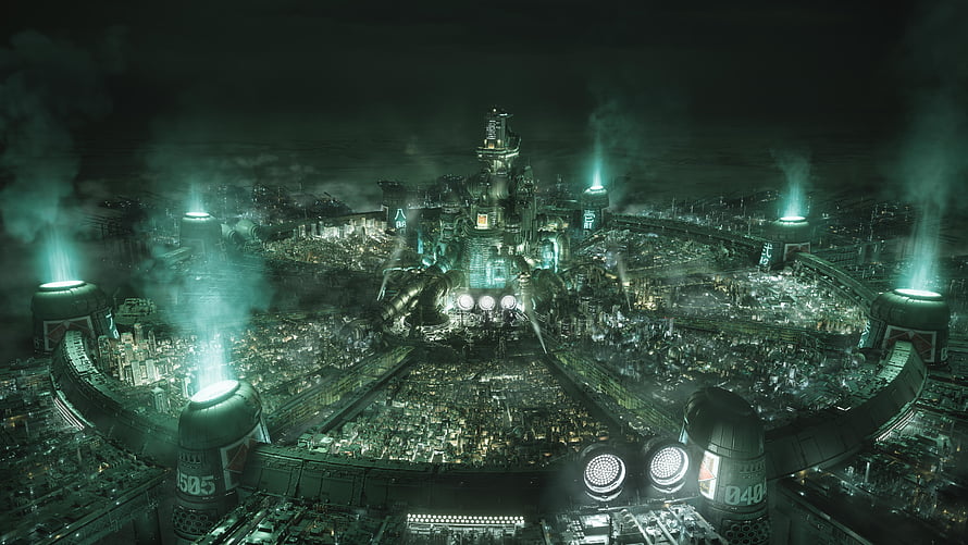 Aerial View of a Massive Futuristic Industrial City at Night with Glowing Green Lights HD wallpaper