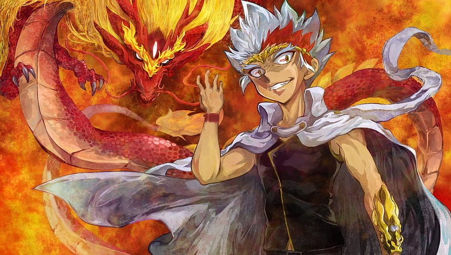 Ryuga from Beyblade Burst with fiery red dragon in dynamic anime illustration HD wallpaper