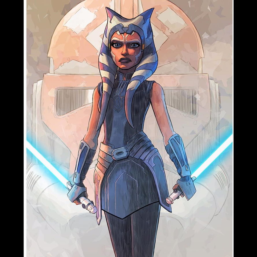Ahsoka Tano dual lightsaber portrait with Mandalorian helmet backdrop in digital illustration style HD wallpaper