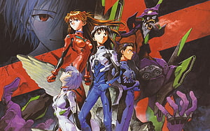 Neon Genesis Evangelion Pilot Squad and Unit-01 Mecha Artwork HD wallpaper