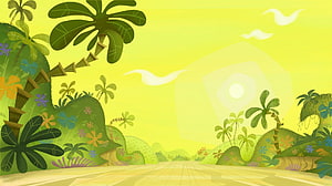 Cartoon Jungle Landscape with Palm Trees and Tropical Flowers HD wallpaper