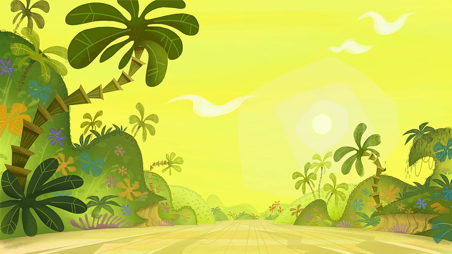 Cartoon Jungle Landscape with Palm Trees and Tropical Flowers HD wallpaper
