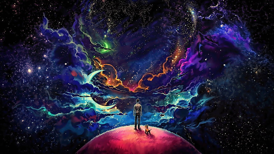 Man and Dog Standing on a Glowing Planet Under a Vibrant Cosmic Nebula, outer space, man, dog HD wallpaper