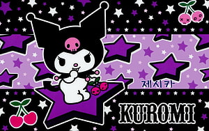 Kuromi Character Art with Purple Stars and Cherry Motifs on Black Background HD wallpaper