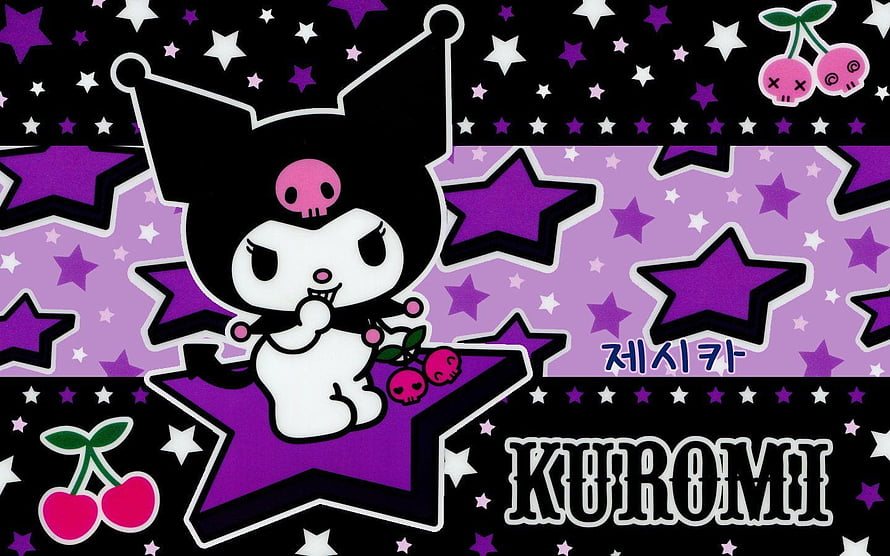 Kuromi Character Art with Purple Stars and Cherry Motifs on Black Background HD wallpaper