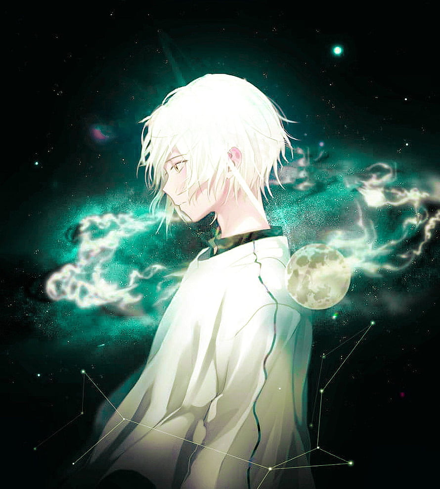 Anime Boy With White Hair And Moon In Space Background HD phone wallpaper