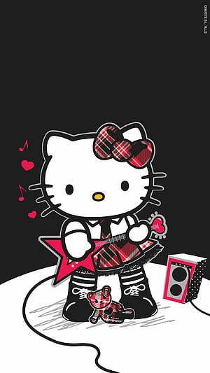 Hello Kitty Punk Rock Guitarist with Plaid Bow and Star Guitar on Black Background HD phone wallpaper