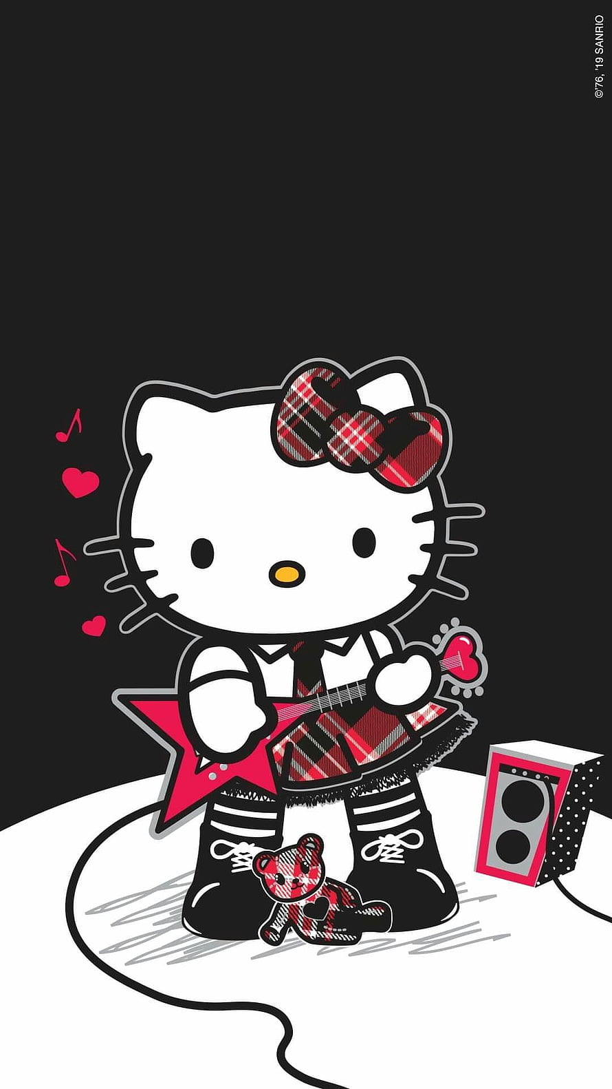 Hello Kitty Punk Rock Guitarist with Plaid Bow and Star Guitar on Black Background HD phone wallpaper