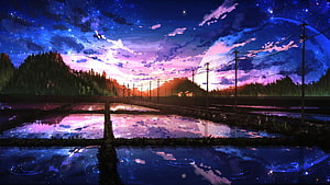 Anime Style Night Landscape With Starry Sky Reflected In Rice Paddies HD wallpaper