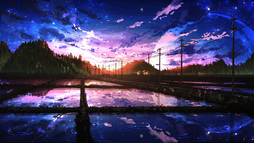 Anime Style Night Landscape With Starry Sky Reflected In Rice Paddies HD wallpaper