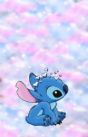 Cute Stitch Sitting Under Pastel Clouds With Floating Hearts HD phone wallpaper