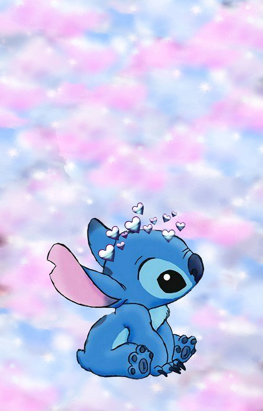 Cute Stitch Sitting Under Pastel Clouds With Floating Hearts HD phone wallpaper