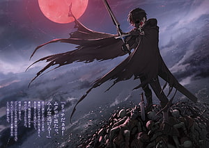 Berserk of Gluttony Anime Character Standing on Pile of Corpses Under Red Moon HD wallpaper