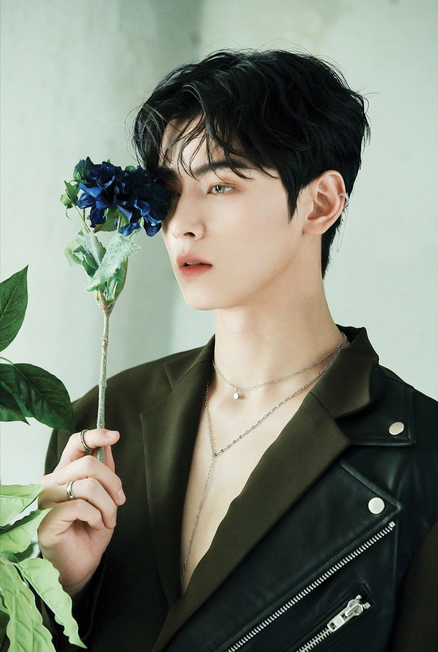 Cha Eun Woo Portrait Holding Blue Hydrangea in Black Leather Jacket HD phone wallpaper
