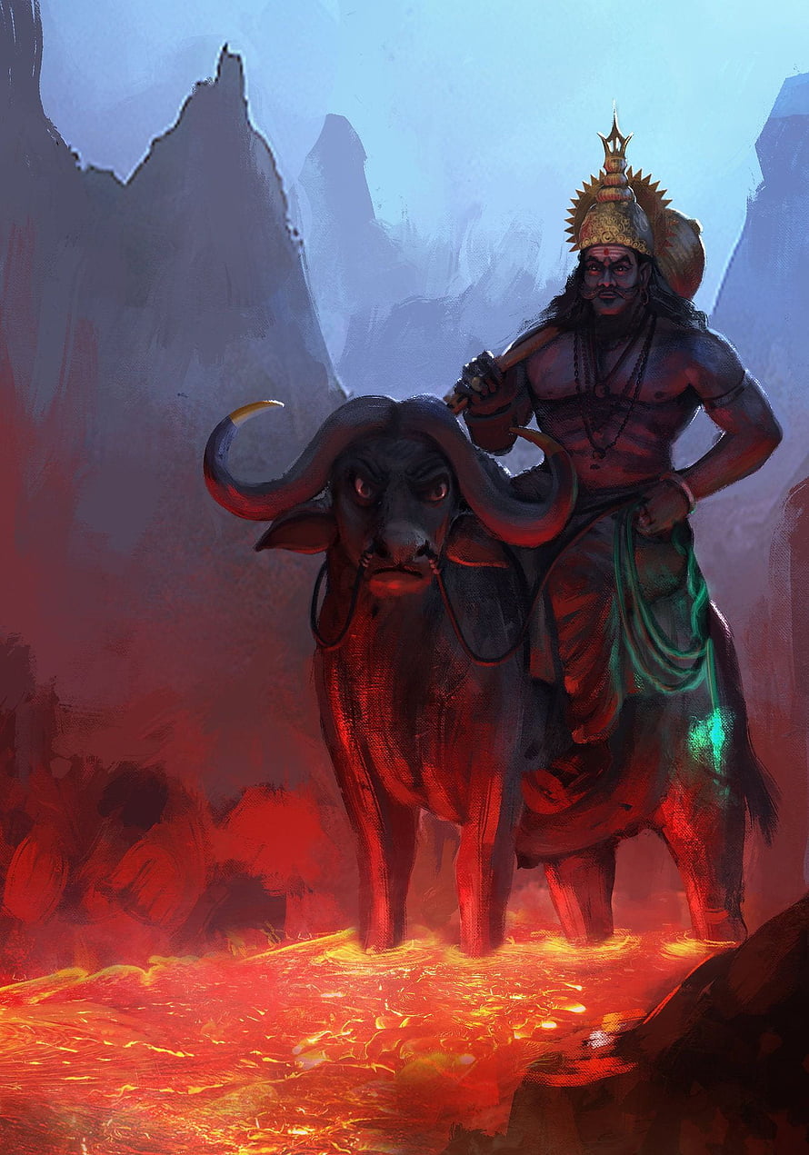 Yama Hindu God of Death Riding Nandi Bull Over Lava HD phone wallpaper