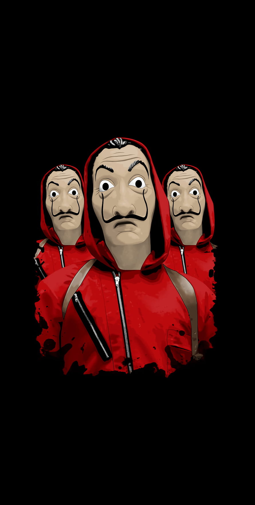 Money Heist Dali Mask Trio in Red Hoodies Digital Art Portrait HD phone wallpaper