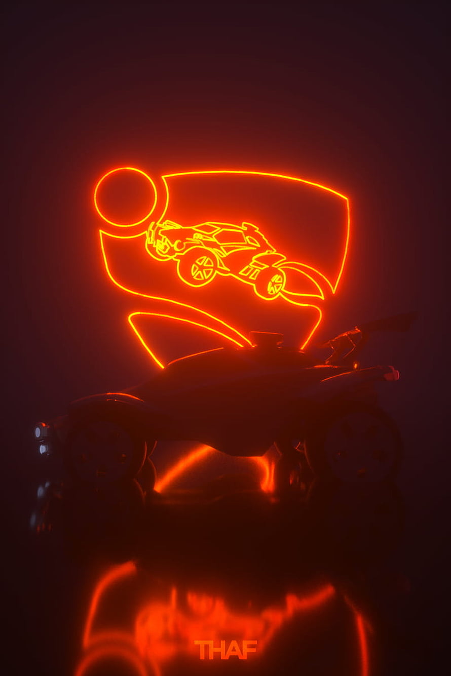 Rocket League Neon Sign with Car Silhouette and Reflection HD phone wallpaper