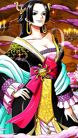 Boa Hancock in ornate black and gold attire with pink sash and teal sleeves in a candlelit setting HD phone wallpaper