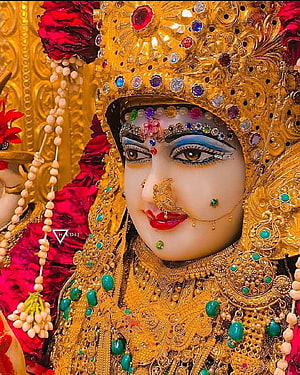 Meldi Maa Malataj ornate golden idol adorned with gemstones and red flowers HD phone wallpaper