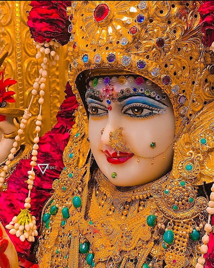 Meldi Maa Malataj ornate golden idol adorned with gemstones and red flowers HD phone wallpaper