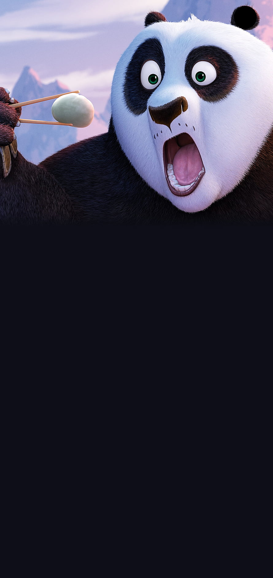 Po from Kung Fu Panda holding chopsticks with dumpling in mountain landscape HD phone wallpaper