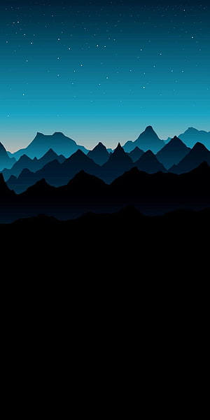 Minimalist Night Mountain Landscape With Starry Sky And Blue Gradient Silhouettes HD phone wallpaper