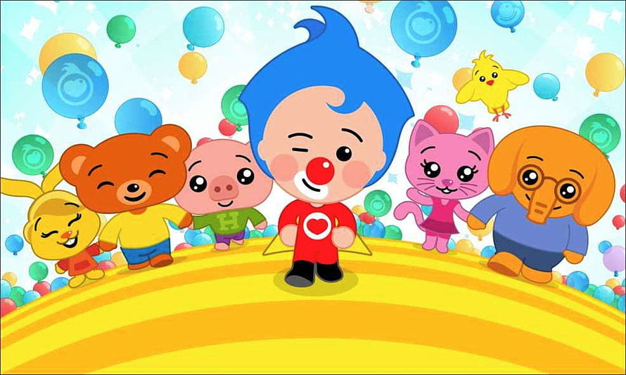 Reni the Clown and Animal Friends Celebrating a Birthday Party with Colorful Balloons HD wallpaper