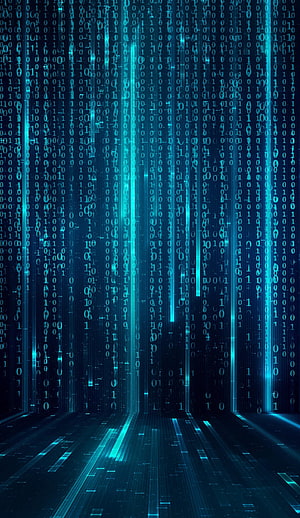 Futuristic Digital Data Stream with Binary Code Rain and Neon Blue Light Trails HD phone wallpaper