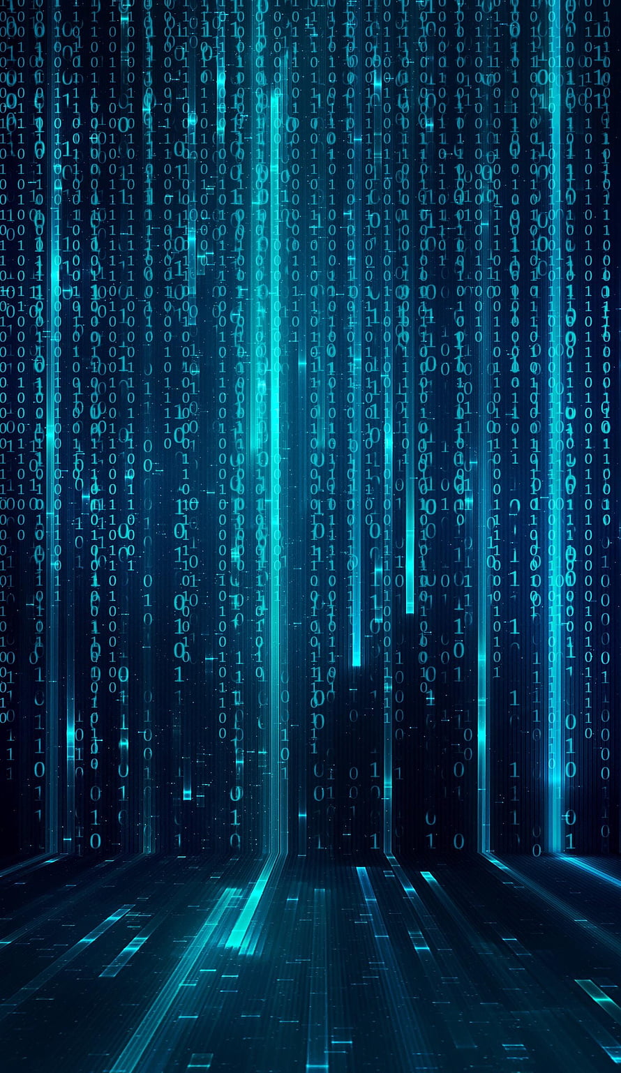Futuristic Digital Data Stream with Binary Code Rain and Neon Blue Light Trails HD phone wallpaper