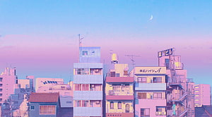 Pastel Dreamy Japanese Cityscape With Pink And Blue Sky HD wallpaper