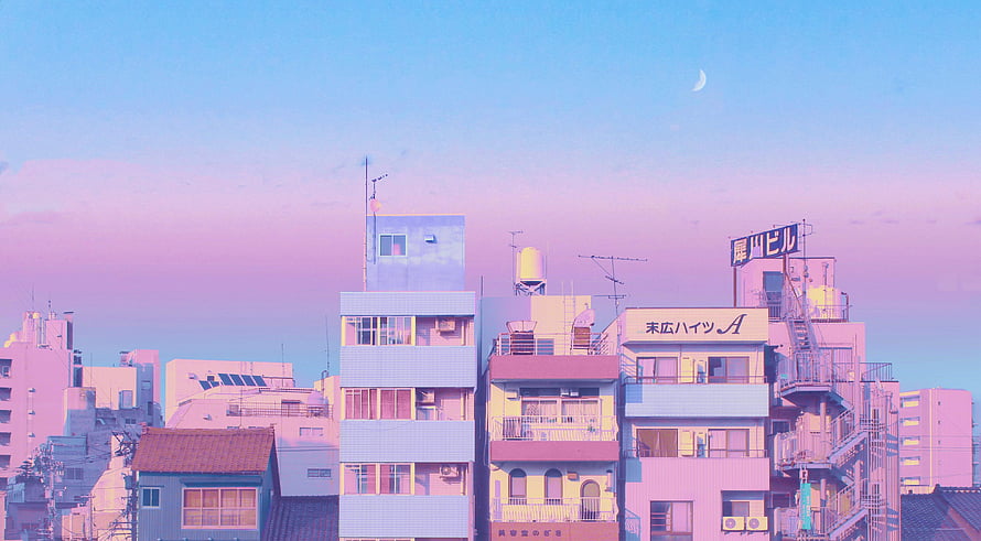 Pastel Dreamy Japanese Cityscape With Pink And Blue Sky HD wallpaper