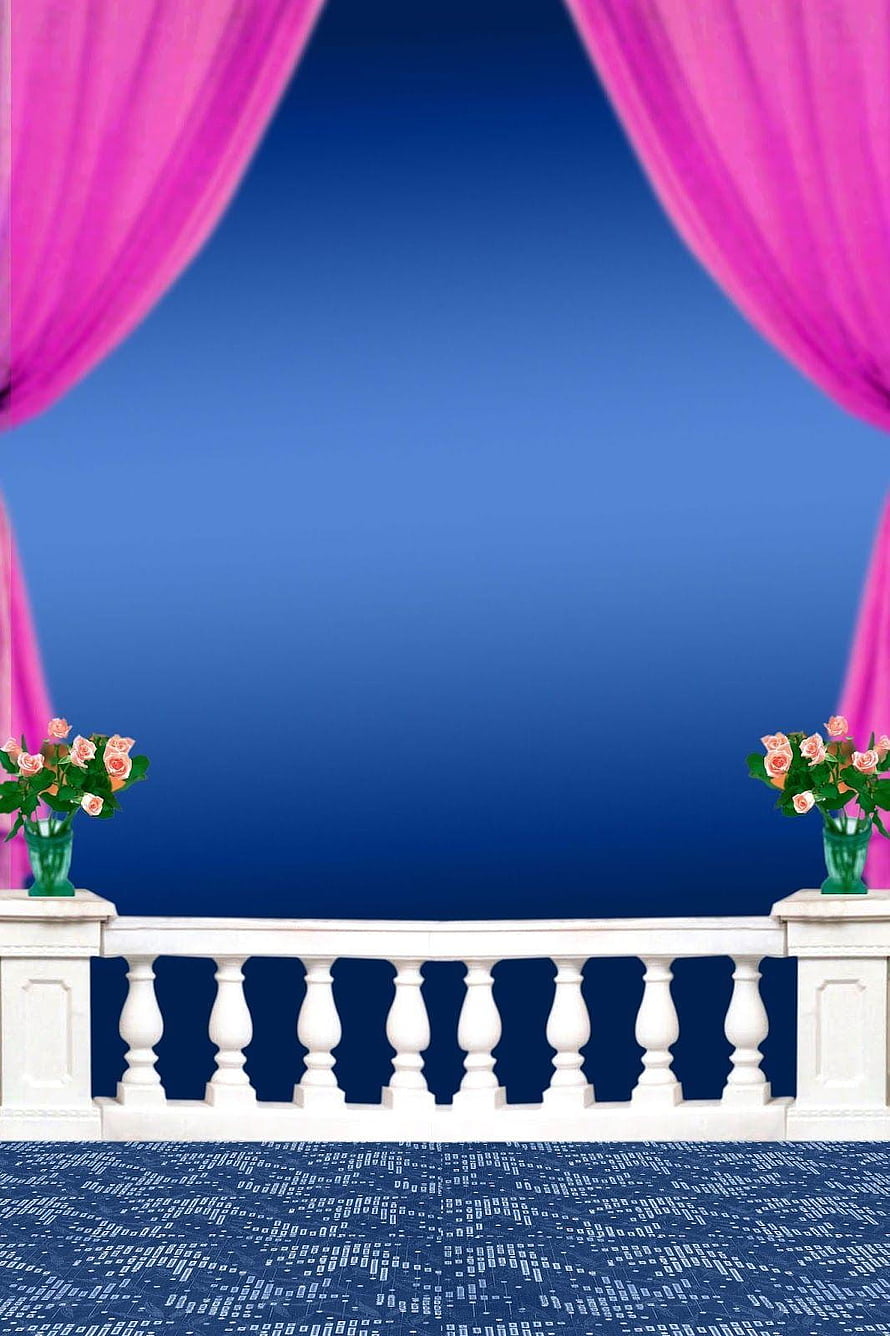 Elegant White Balcony with Pink Curtains and Roses Against Blue Sky HD phone wallpaper