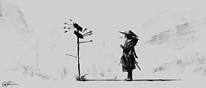 Monochrome Samurai Warrior Standing Beside a Pole with Arrows in a Misty Landscape HD wallpaper