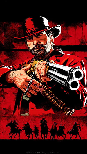 Red Dead Redemption 2 Artwork of a Gunslinger Loading a Revolver with Silhouetted Riders HD phone wallpaper