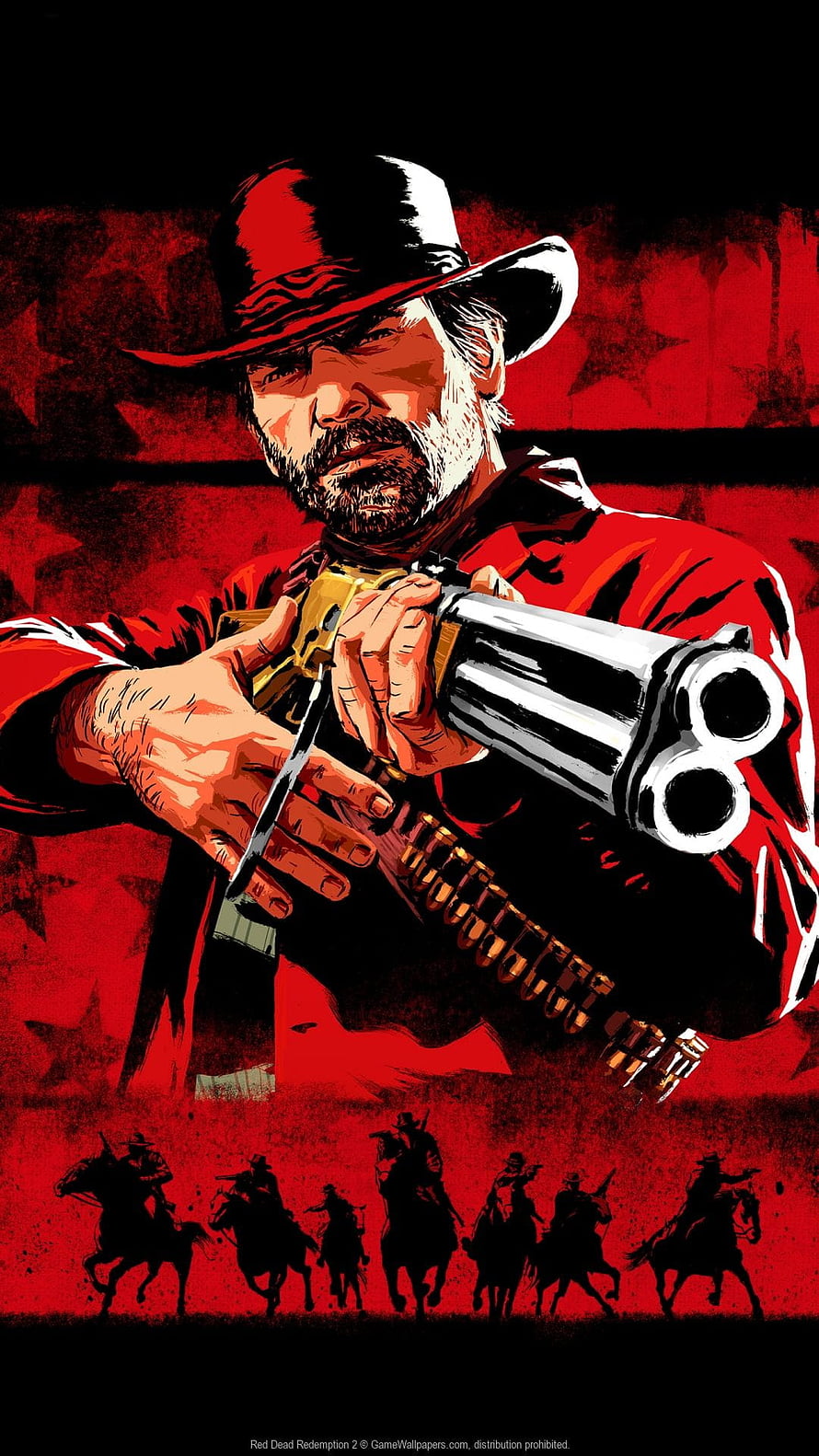 Red Dead Redemption 2 Artwork of a Gunslinger Loading a Revolver with Silhouetted Riders HD phone wallpaper