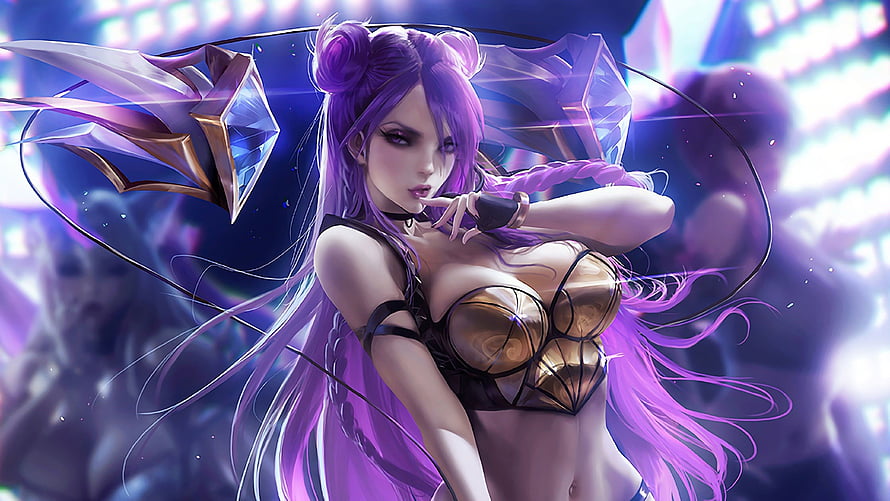K/DA Kai'Sa from League of Legends in a futuristic crystal outfit with purple hair and neon stage lighting HD wallpaper