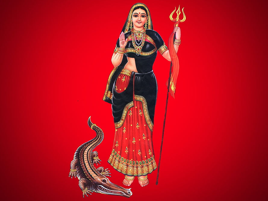 Goddess Mahishasuramardini Durga Slaying Demon With Trident And Crocodile HD wallpaper