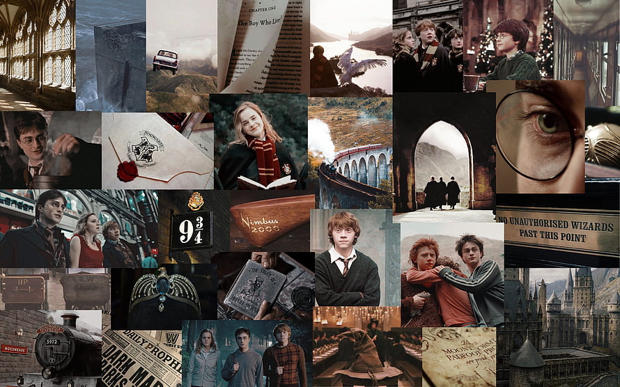 Harry Potter Film Collage Featuring Hogwarts, Characters, and Iconic Scenes HD wallpaper