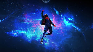Miles Morales Spider-Man Floating in Vibrant Cosmic Nebula Space Art, Miles Morales in Spider, miles morales spider man HD wallpaper