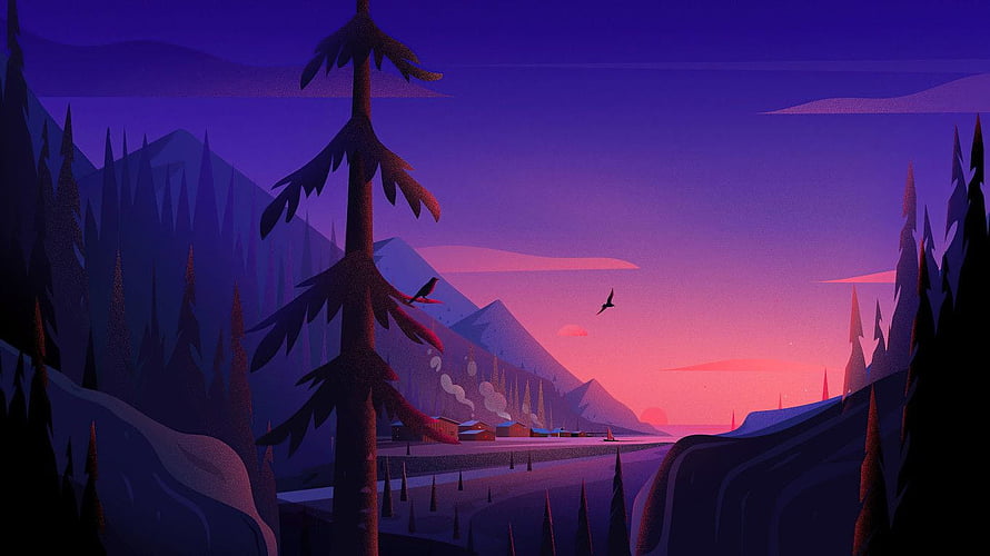 Stylized Vector Illustration of a Serene Mountain Village at Sunset with Pine Trees HD wallpaper