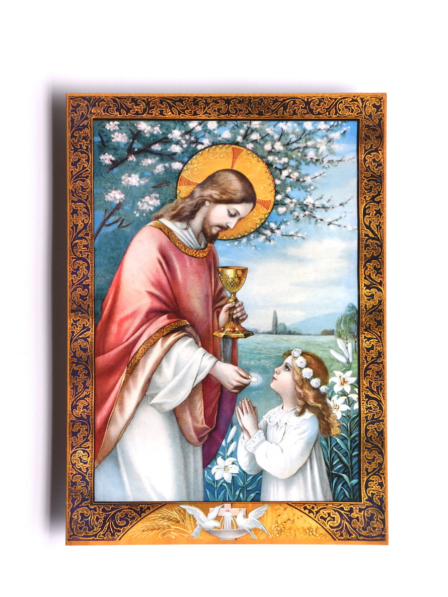 First Holy Communion Religious Artwork Featuring Jesus and Child in Ornate Frame HD phone wallpaper