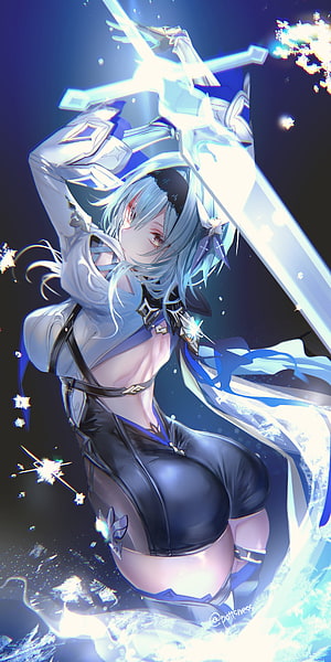 Eula Lawrence from Genshin Impact wielding a glowing sword in a dynamic anime pose HD phone wallpaper