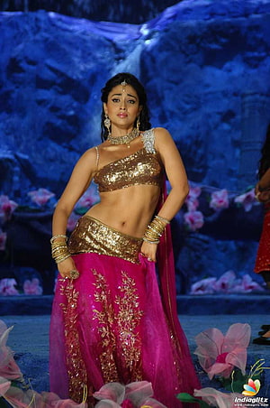 Shriya Saran in Gold Sequined Crop Top and Magenta Embroidered Lehenga on Stage HD phone wallpaper