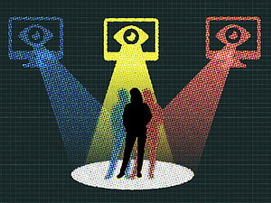 Silhouette Under Surveillance Spotlights With Glitch Art Eye Cameras HD wallpaper