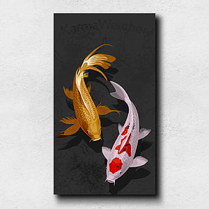 Golden and White Koi Fish Swimming in Dark Water Illustration HD phone wallpaper