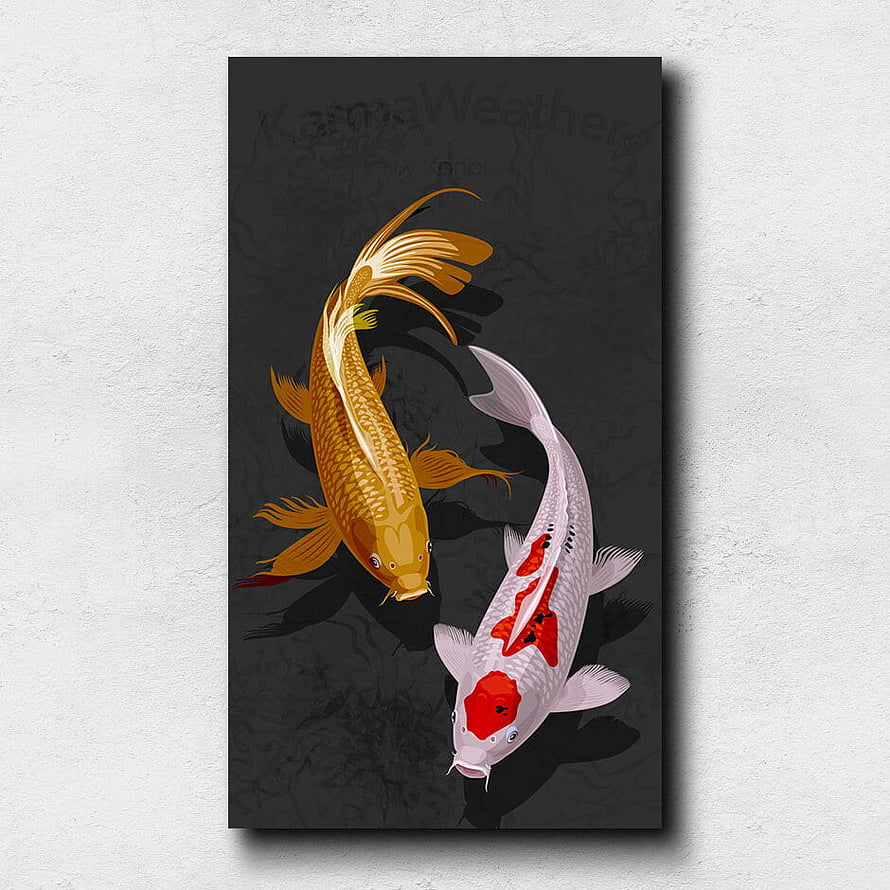 Golden and White Koi Fish Swimming in Dark Water Illustration HD phone wallpaper